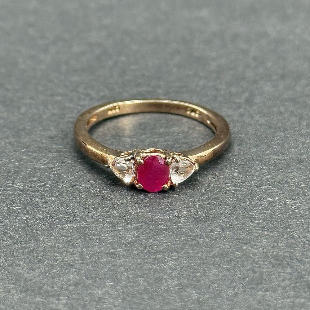 STS 925 Sterling Silver Gold Tone Lab Ruby CZ Trilogy Ring Size 5